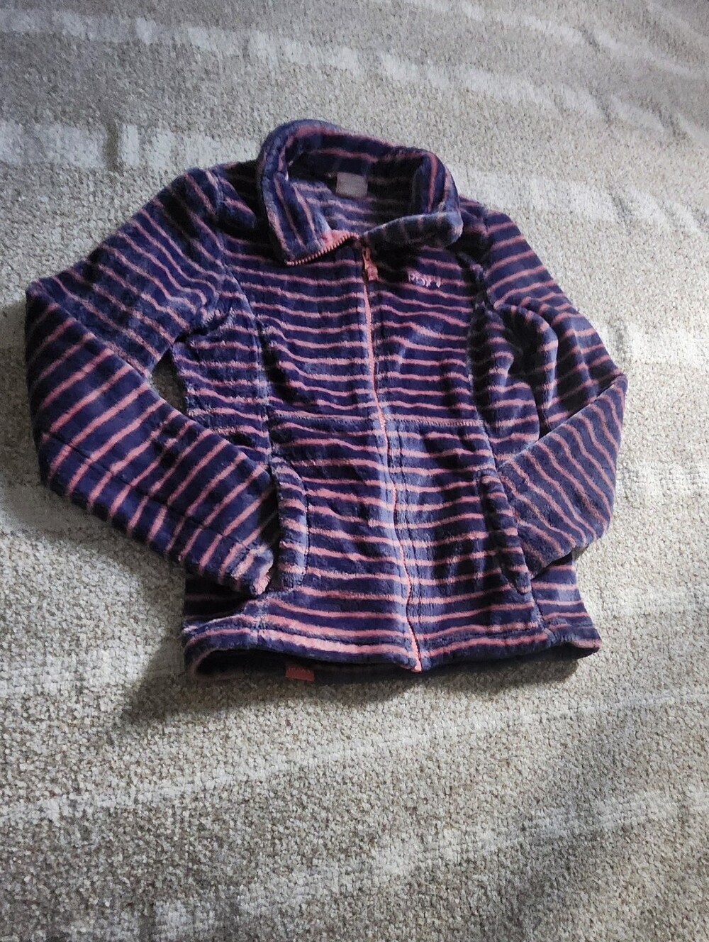 Roxy Girls Navy Blue and Pink Striped Fleece Zip Jacket